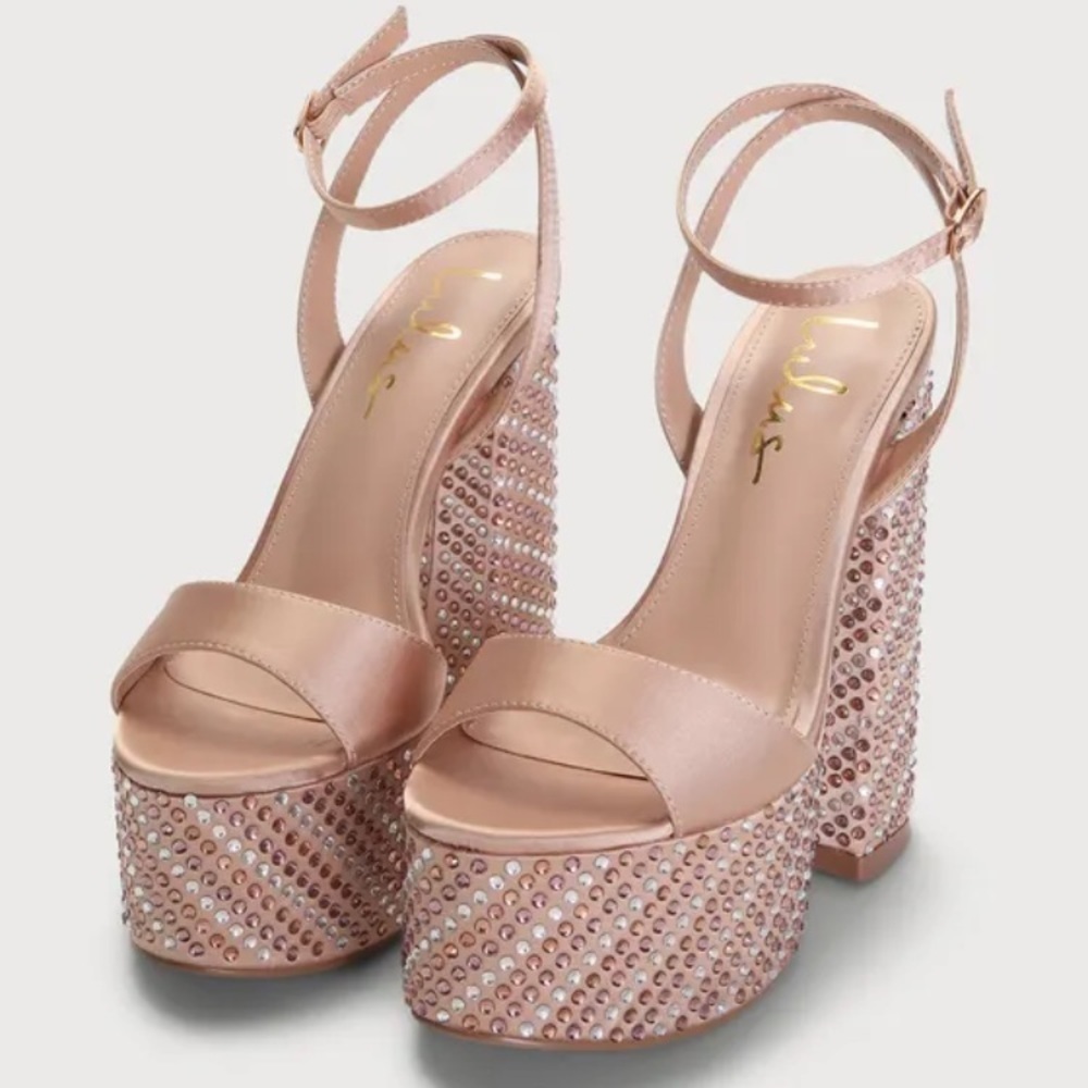 Nude 01  Rhinestone block junky heels sandal satin bridal promo. - Picture 5 of 10